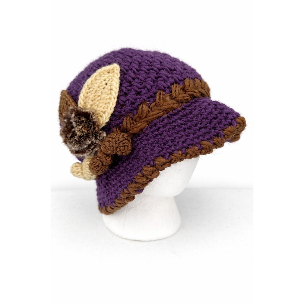 Women's Crochet Cloche Lined Winter Hat Faux Fur Flower Accent Purple Knit